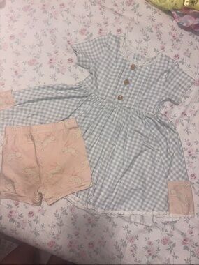 SweetHoney Blue Gingham Dress with Pink Bunny Shorts